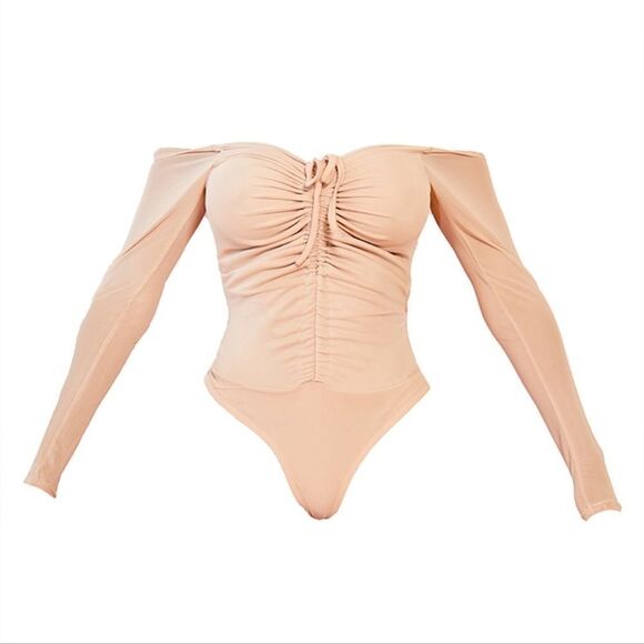 Prettylittlething Shape Stone Mesh Long Sleeve Ruched Bodysuit Size 8 Tan NWT - Picture 4 of 7